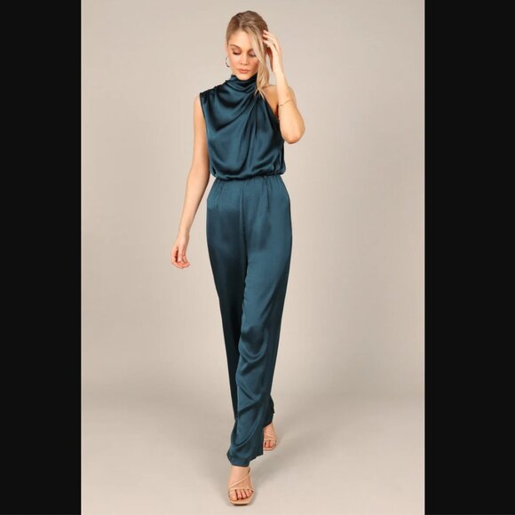 💋PRICE DROP💋 Petal & Pup Savannah Peacock Teal Satin One Shoulder Jumpsuit XL 🦚 - Picture 4 of 12
